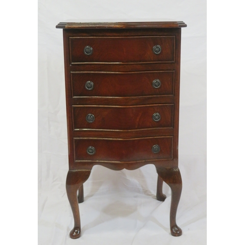 116 - Serpentine fronted mahogany small chest of four drawers with drop handles, on cabriole legs with pad... 