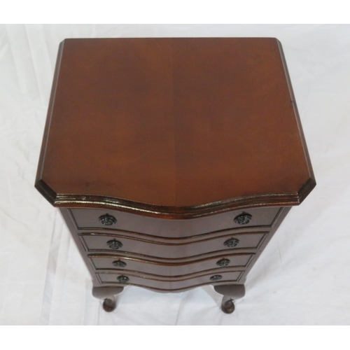 116 - Serpentine fronted mahogany small chest of four drawers with drop handles, on cabriole legs with pad... 