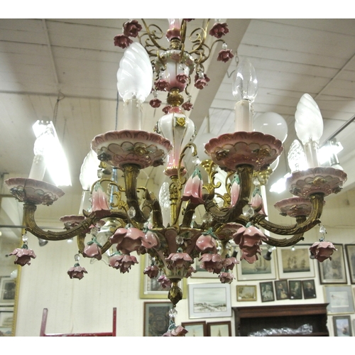 124 - Louis XV style brass & porcelain porcelain chandelier with 8 shaped branches, ornate foliate decorat... 