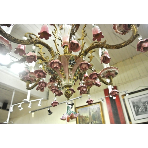 124 - Louis XV style brass & porcelain porcelain chandelier with 8 shaped branches, ornate foliate decorat... 