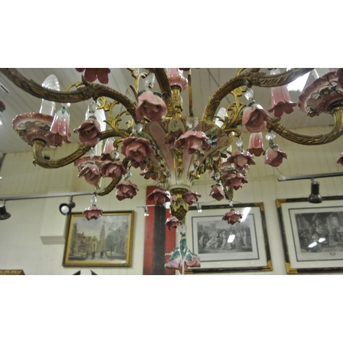 124 - Louis XV style brass & porcelain porcelain chandelier with 8 shaped branches, ornate foliate decorat... 