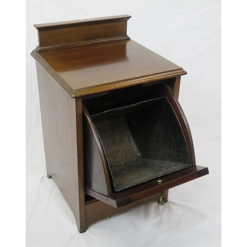 126 - Edwardian mahogany fuel cabinet with raised back, pull-out front with metal container, brass teardro... 