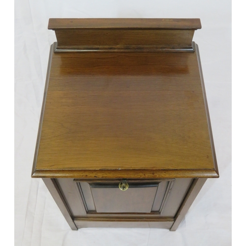 126 - Edwardian mahogany fuel cabinet with raised back, pull-out front with metal container, brass teardro... 