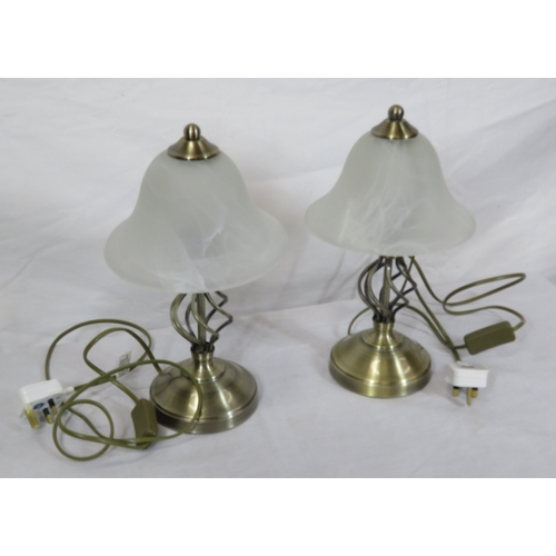 127 - Pair of Art Deco style brass electric lamps with shaped glass shades & twist columns