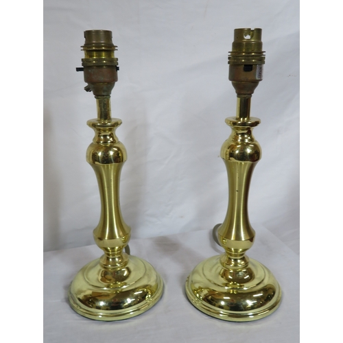 128 - Pair of brass electric lamps, single brass electric lamp, & timber lamp