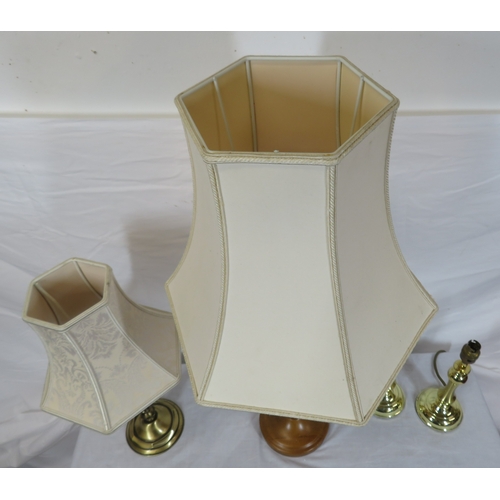 128 - Pair of brass electric lamps, single brass electric lamp, & timber lamp