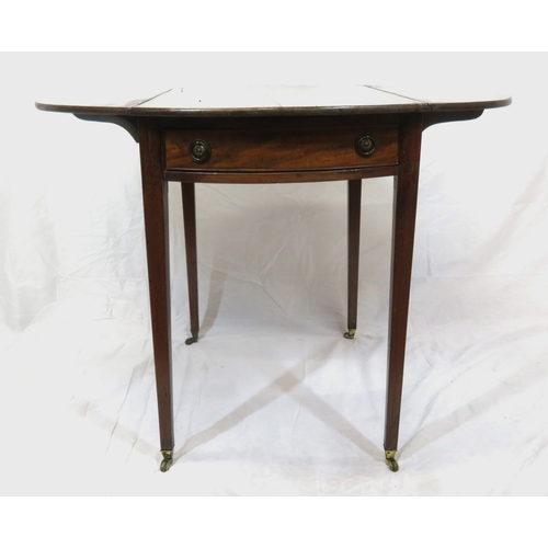 129 - Edwardian mahogany Pembroke table with D-shaped drop leaves, pull-out supports, frieze drawer with d... 