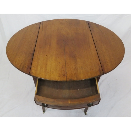 129 - Edwardian mahogany Pembroke table with D-shaped drop leaves, pull-out supports, frieze drawer with d... 