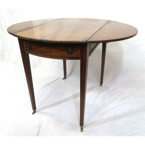 129 - Edwardian mahogany Pembroke table with D-shaped drop leaves, pull-out supports, frieze drawer with d... 