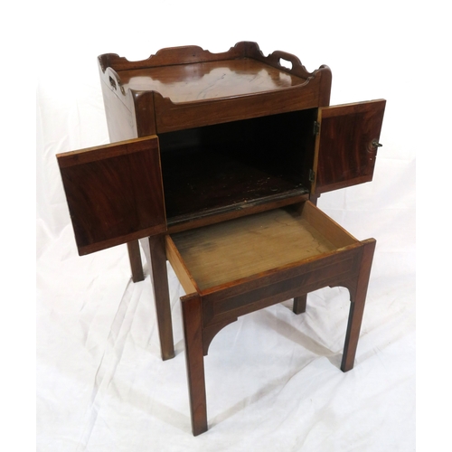 130 - Edwardian mahogany locker or commode with raised rim, press with inlaid doors, on square legs