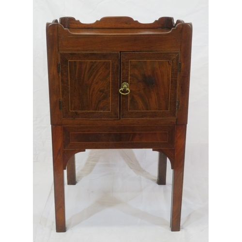 130 - Edwardian mahogany locker or commode with raised rim, press with inlaid doors, on square legs