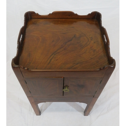 130 - Edwardian mahogany locker or commode with raised rim, press with inlaid doors, on square legs