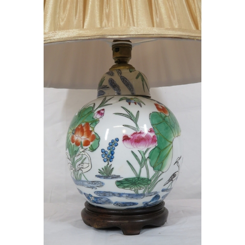 133 - Oriental style ginger jar lamp with foliate & bird decoration