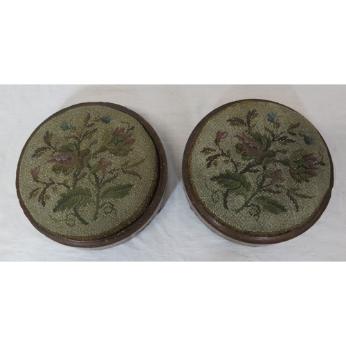 137 - Pair of Georgian inlaid mahogany round footstools with foliate needlepoint, with string and foliate ... 