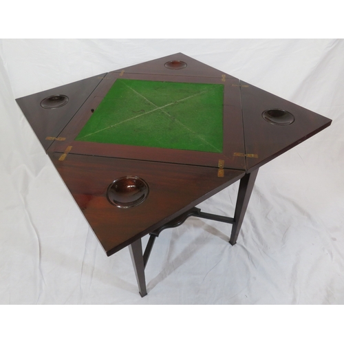 140 - Edwardian mahogany envelope card table with swivel top, counter wells, frieze drawer with brass hand... 