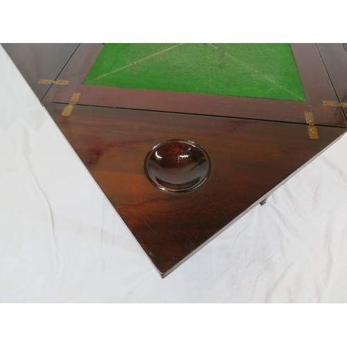 140 - Edwardian mahogany envelope card table with swivel top, counter wells, frieze drawer with brass hand... 