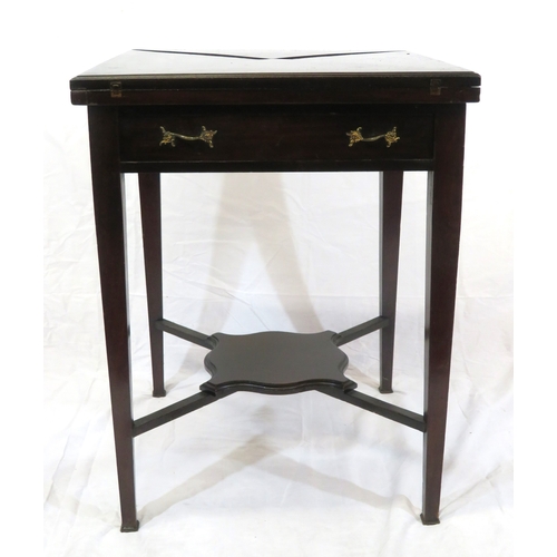 140 - Edwardian mahogany envelope card table with swivel top, counter wells, frieze drawer with brass hand... 