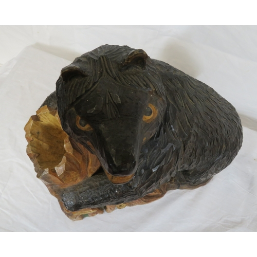 143 - Austrian style carved timber figure of a Black Forest bear by a tree