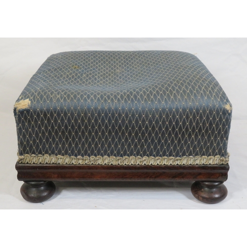 144 - Victorian mahogany square footstool with upholstered top, on bun feet