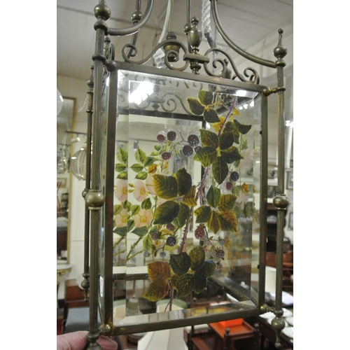 148 - Edwardian glass framed hanging light shade with scroll decoration, shaped finials, & foliate decorat... 