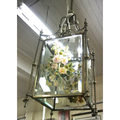 148 - Edwardian glass framed hanging light shade with scroll decoration, shaped finials, & foliate decorat... 