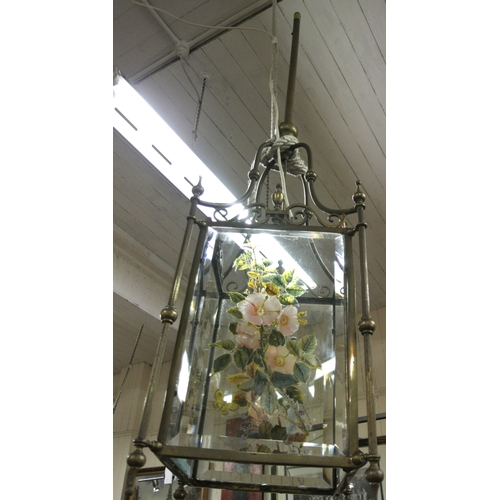 148 - Edwardian glass framed hanging light shade with scroll decoration, shaped finials, & foliate decorat... 