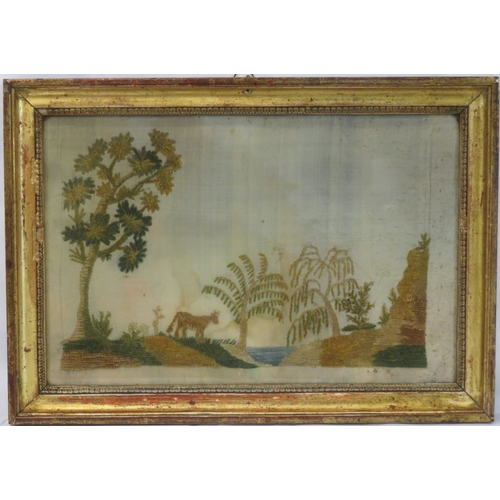 15 - Victorian Indian needlepoint of trees & animal by a river 20x30cm