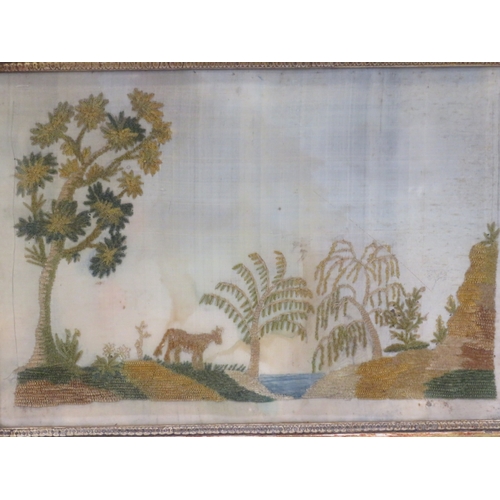 15 - Victorian Indian needlepoint of trees & animal by a river 20x30cm