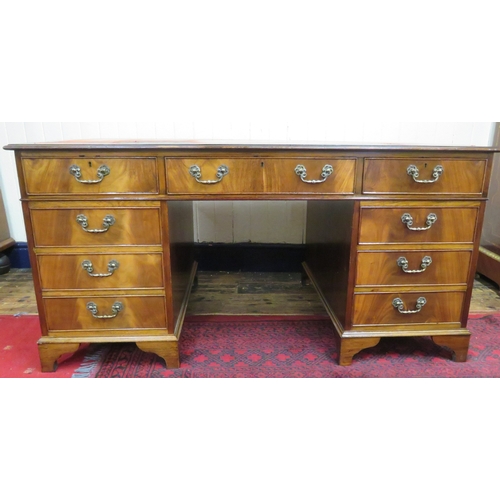 150 - Edwardian mahogany pedestal desk with leatherette inset, 8 frieze drawers, 6 side drawers, ornate br... 