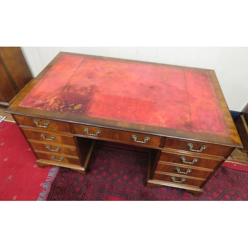 150 - Edwardian mahogany pedestal desk with leatherette inset, 8 frieze drawers, 6 side drawers, ornate br... 