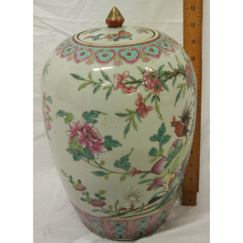 152 - Oriental Famille Rose tall ginger jar with ornate bird & foliate decoration, round lid with finial (... 