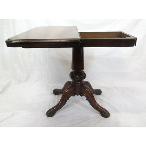 165 - Victorian mahogany tea table with swivel fold-over top, rounded borders, turned tapering column, bal... 