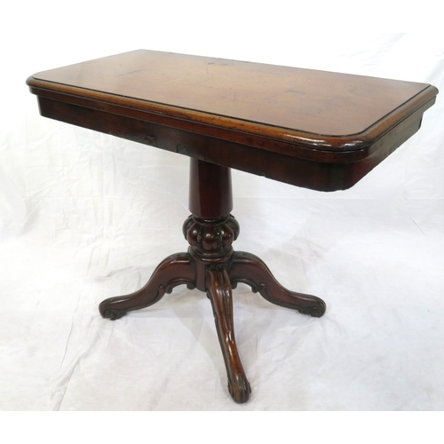 165 - Victorian mahogany tea table with swivel fold-over top, rounded borders, turned tapering column, bal... 