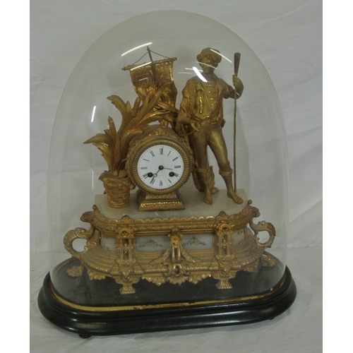 167 - Louis XV style ormolu and marble mantle clock with figure of a sailor, foliage and scroll decoration... 