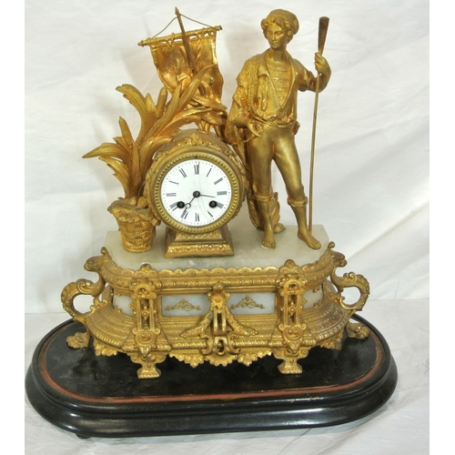 167 - Louis XV style ormolu and marble mantle clock with figure of a sailor, foliage and scroll decoration... 