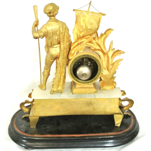 167 - Louis XV style ormolu and marble mantle clock with figure of a sailor, foliage and scroll decoration... 