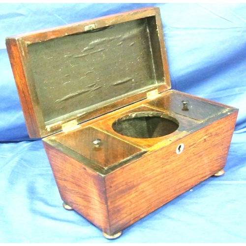 168 - Georgian rosewood tea caddy with sarcophagus shaped top, sectioned interior, on bun feet.