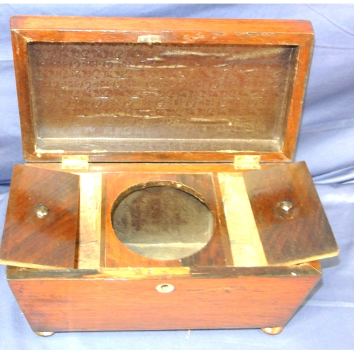 168 - Georgian rosewood tea caddy with sarcophagus shaped top, sectioned interior, on bun feet.