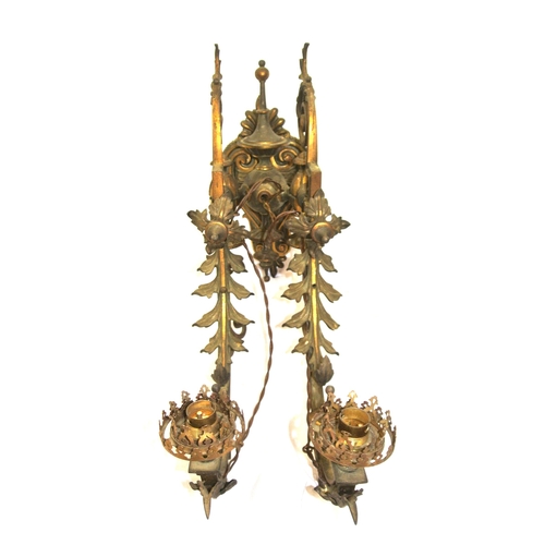 172 - Pair of vintage bronze wall lights, with folding shaped arms, finials, foliate decoration & scroll b... 