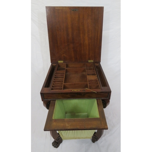 176 - Regency style crossbanded mahogany sewing table with lift-up lid, fitted interior, material drawer u... 