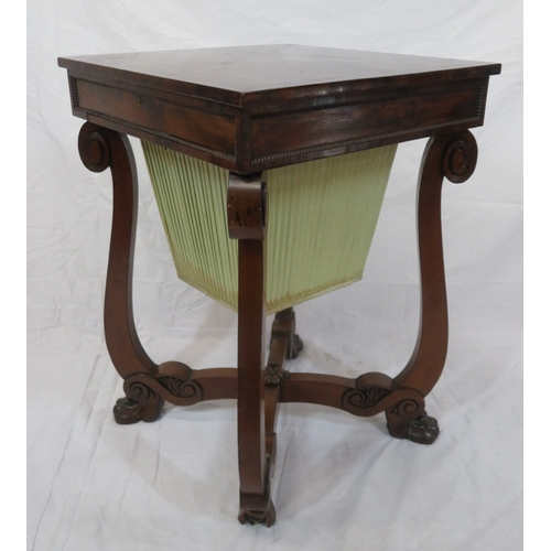 176 - Regency style crossbanded mahogany sewing table with lift-up lid, fitted interior, material drawer u... 