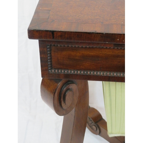 176 - Regency style crossbanded mahogany sewing table with lift-up lid, fitted interior, material drawer u... 