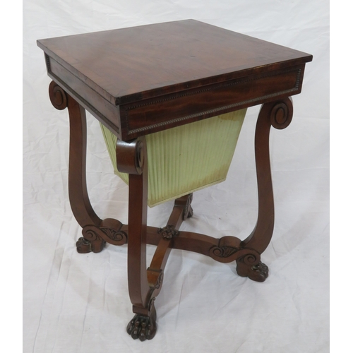 176 - Regency style crossbanded mahogany sewing table with lift-up lid, fitted interior, material drawer u... 