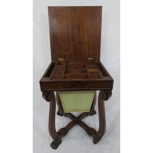 176 - Regency style crossbanded mahogany sewing table with lift-up lid, fitted interior, material drawer u... 