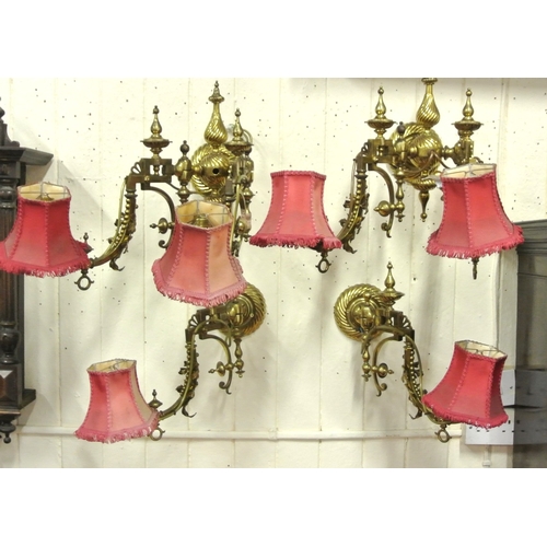 198 - Pair of ornate Victorian wall brackets with adjustable shaped arms, reeded turned finials & backplat... 