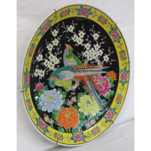 203 - Cantonese Famille Rose style round plate or plaque with ornate peacock & foliate decoration