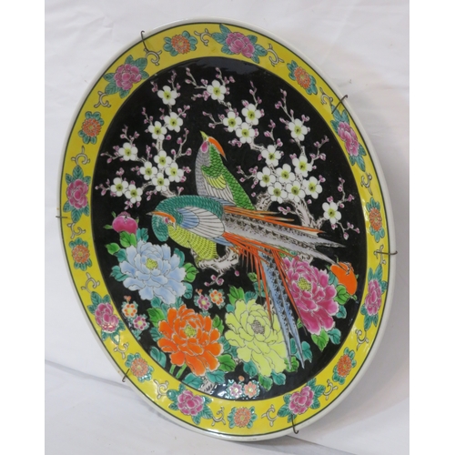 203 - Cantonese Famille Rose style round plate or plaque with ornate peacock & foliate decoration