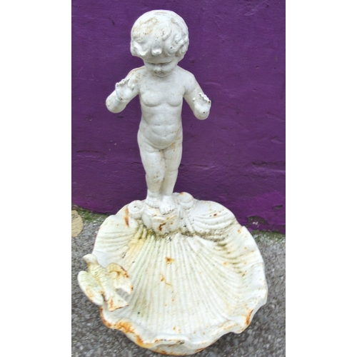 209 - Vintage cast iron birdbath with figure of a cherub & shell shaped bowl