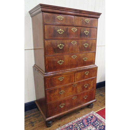 210 - Queen Anne crossbanded walnut & mahogany chest on chest with 2 short & 3 long drawers, base with 2 s... 