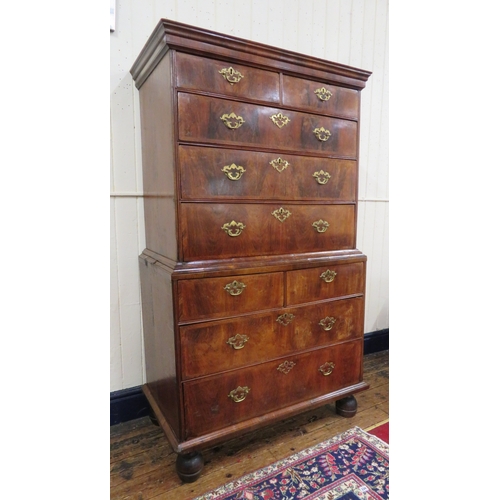 210 - Queen Anne crossbanded walnut & mahogany chest on chest with 2 short & 3 long drawers, base with 2 s... 